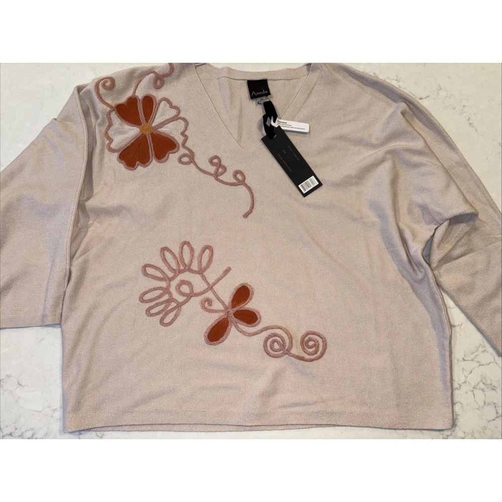 Aaeda Womens Sweater L Felted Flowers V-Neck Neutral Minimalist Dolman 3/4 All